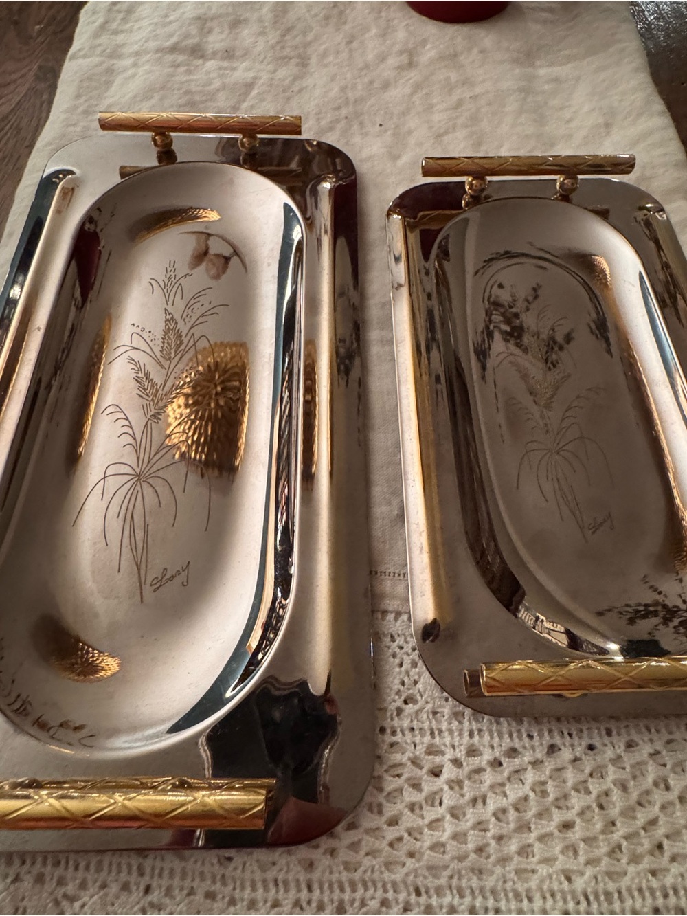 Vintage Pinter Italian Silver & Brass Vanity Serving Trays Set of 2 - Picture 3 of 12